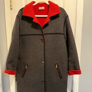 Vtg Reverse Designer Woman’s Long Wool Coat Claude Havrey Gray/Red Sz 42p READ